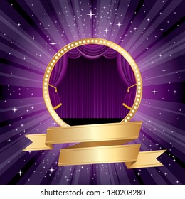 purple rounded stage with blank golden banner 