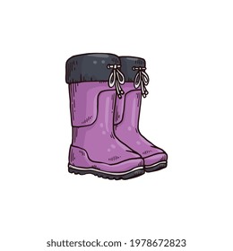 Purple rubber boots with tied top laces. Wellington style pair of wellie shoes for rainy weather isolated on white background, vector illustration.