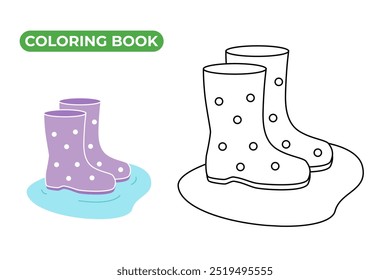 Botas de goma púrpura con lunares blancos de pie en el charco. Dibujado a mano simple dibujo lineal de zapatos. Ilustración vectorial de botas de goma y Clima de caída. Libro de colorear del otoño para los niños