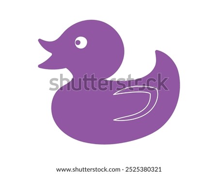 Purple rubber duck isolated on white background. Flat cartoon illustration. Concept of kids' bath toys, cute bird, bright art, duckling. Icon, design element, playful toy for children
