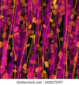 Purple, ruby and orange seamless texture with stylized leaves and vertical wavy lines