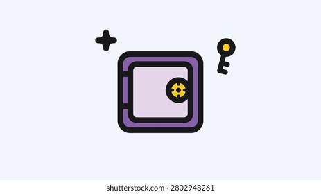 Purple Safe Box and Key Flat Minimalist Illustration Financial Security Icon for UI Design and Web Graphics SEO Optimized Assets for Banking and Personal Saving. Flat style digital illustration of a purple safe box with a key and sparkles on a light background, representing financial security, bank vault storage, and wealth protection concepts.