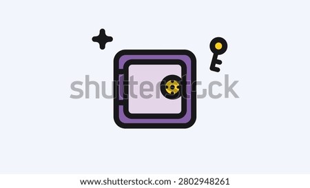 Purple Safe Box and Key Flat Minimalist Illustration Financial Security Icon for UI Design and Web Graphics SEO Optimized Assets for Banking and Personal Saving. Flat style digital illustration of a purple safe box with a key and sparkles on a light background, representing financial security, bank vault storage, and wealth protection concepts.