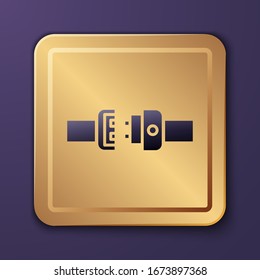 Purple Safety belt icon isolated on purple background. Seat belt. Gold square button. Vector Illustration