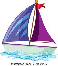Purple sailboat on the water in cartoon style illustration