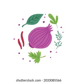 Purple salad onions with herb. Vector Vegetables hand drawn