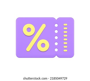 Purple sale discount coupon commercial special offer shopping deal paper flyer realistic 3d icon vector illustration. Business branding marketing loyalty card ticket financial percentage price off