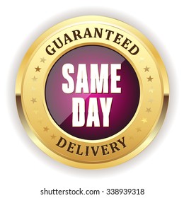 Purple same day delivery badge with gold border
