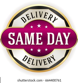 Purple same day delivery badge/button with gold border