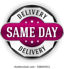 Purple same day delivery button / badge with silver border