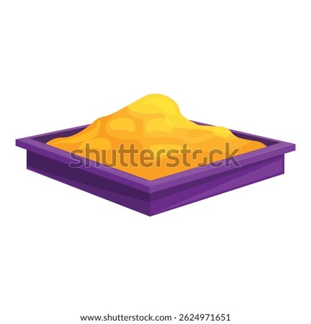Purple sandbox is filled with sand, ready for children to build sandcastles and have fun