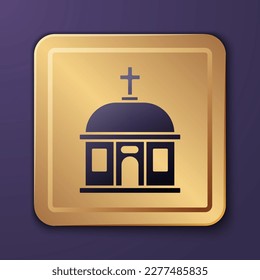 Purple Santorini building icon isolated on purple background. Traditional Greek white houses with blue roofs European culture. Gold square button. Vector