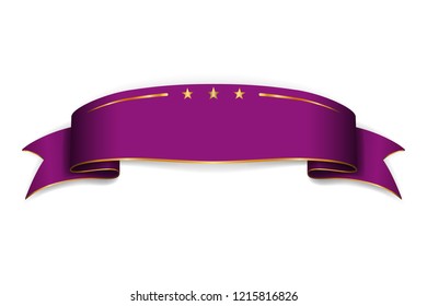 Purple satin empty ribbon. Blank banner. Design decoration ribbon element isolated on white background. Vintage retro banner style. Template guarantee product Vector illustration