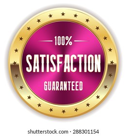 Purple satisfaction badge with gold border on white background