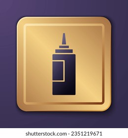 Purple Sauce bottle icon isolated on purple background. Ketchup, mustard and mayonnaise bottles with sauce for fast food. Gold square button. Vector