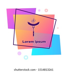 Purple Sausage on the fork with steam icon isolated on white background. Grilled sausage and aroma sign. Color rectangle button. Vector Illustration