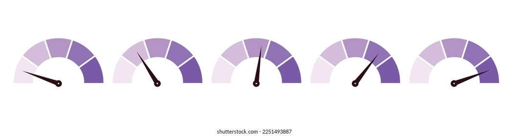 Purple scale meter with low, high and medium bar. Level risk graph or control quality. Vector isolated illustration