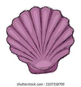 Purple scallop seashell, isolated on a transparent background. Cartoon illustration. Rough hand-drawn color vector doodle
