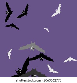 Purple Scary Violet Retro Halloween Art Illustration. White Sky Gothic Attack Creepy Bats Vector Design Pic. Eyes Grey Print Night Wallpaper. Motion Black Colorful Spooky Flying Bats Art Pattern.