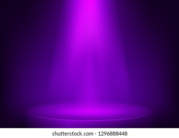 Purple scene illuminated spotlight. Show spotlight background. Light beam on violet stage. Vector illustration