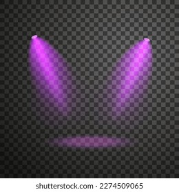 Purple scene spotlight isolated on transparent backdrop. Vector illustration of bright colorful concert club illumination