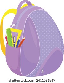 Mochila de escuela morada con correas amarillas y papel de escritorio en el bolsillo lateral. Ilustración vectorial de equipamiento educativo.