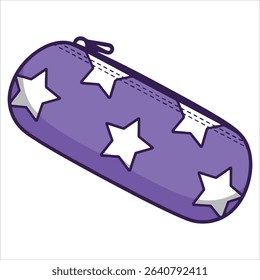 Purple school pencil case with stars, flat vector illustration. Perfect for kids stationery, education themes, and study essentials collection.