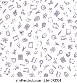 Purple school supplies seamless pattern.