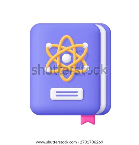Purple science book with atom symbol. Physics, chemistry, knowledge, learning and education concept. 3d vector icon. Cartoon minimal style.
