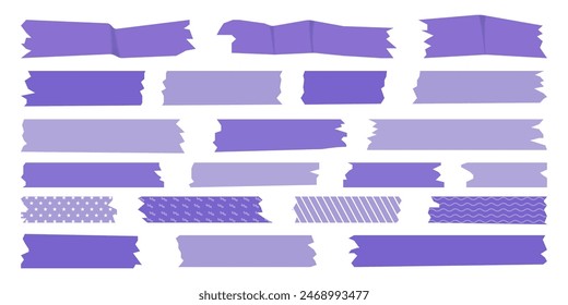 Purple scotch tape and stickers. Office glue paper stripes collection. Torn strip, patch.