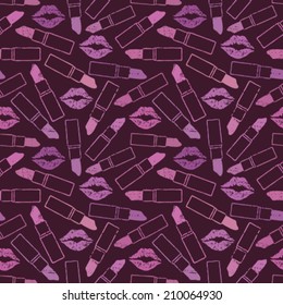 Purple scratched seamless pattern background with lips and lipsticks