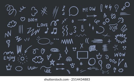 Purple scribble doodle underline line shape set black isolated background. Doodle big set collection of scribble lines and brush strokes in childish drawing style.