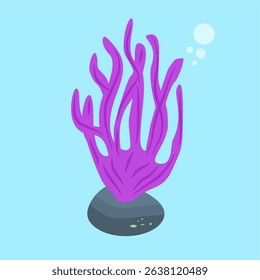 Purple sea anemone on mossy stone,
swaying softly with ocean currents,
flat art design style.