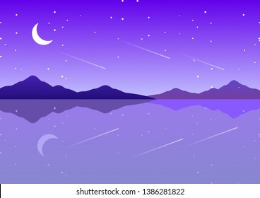 purple sea with moon and starry night fantasy landscape in flat design