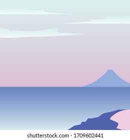 Purple sea on the background of mountains. Night landscape. Vector illustration on white background.