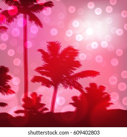 Purple sea sunset with island and palm trees. EPS10 vector.