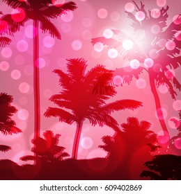 Purple sea sunset with island and palm trees. EPS10 vector.