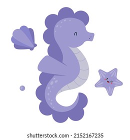Purple seahorse, cartoon marine character. Funny sea animal character used for invitation, children book, poster, card. vector Illustration. Clip art seahorse