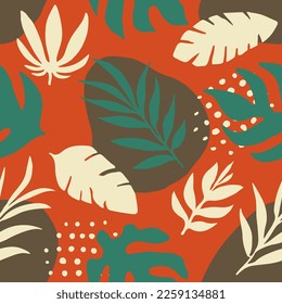 Purple Seamless Abstract Trendy Leaves Art. Colorful Repeated Decoration Spring Surface, Seamless Design. Dark Repetitive Classic Retro Illustration Wallpaper. 
