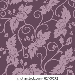 purple seamless background with curly pink flowers