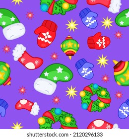 Purple seamless background with green christmas socks and cute gloves and other little things. Vector pattern with Christmas cozy socks and toys.Christmas Pattern for fabric, paper.