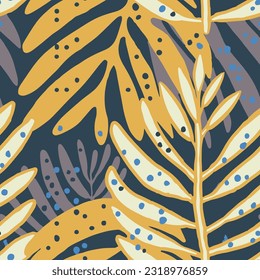 Purple Seamless Botanical Hawaiin Flora Leaves Design. Vivid Continuous Fashion Beautiful Branch Ornament Background. Bright Repetitive Elegant Jungle Paint Art.