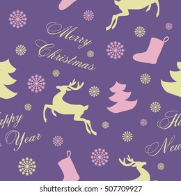 purple  seamless Christmas Background - reindeer, snowflakes, Christmas trees. Vector illustration in vintage style