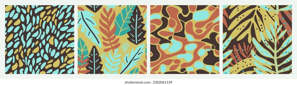 Purple Seamless Classic Palm Paint Backdrop. Dark Endless Color Branch Leaves, Seamless Set. Green Seamless Creative Natural Style Art. 