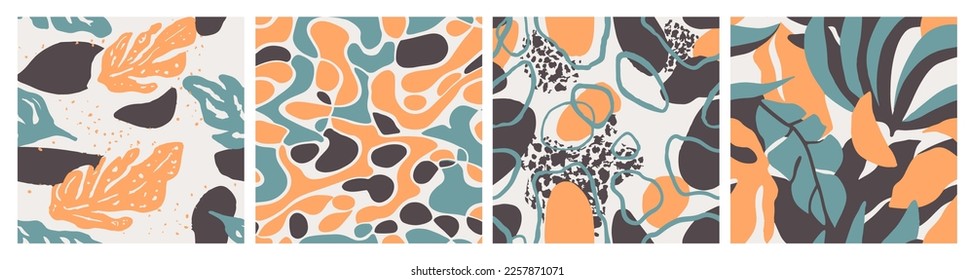 Purple Seamless Color Palm Illustration Set. Dark Repeated Decoration Plant Element, Seamless Design. Vivid Seamless Contemporary Jungle Ornament Pattern. 