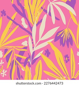 Purple Seamless Contemporary Tropic Illustration Print. Orange Repetitive Doodle Beauty Lines, Seamless Backdrop. Hippie Continuous Abstract Palm Invitation Pattern. 