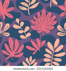 Purple Seamless Creative Graphic Decor Pattern. White Continuous Abstract Bloom Quill, Seamless Vector. Bright Repetitive Fashion Foliage Template Texture. 