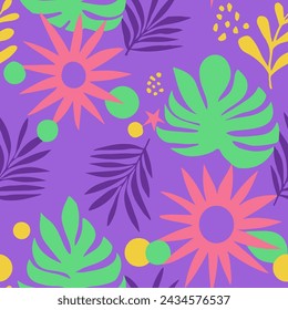 Purple Seamless Decoration Vintage Element Art. Light Seamless Creative Beauty Leaves, Seamless Background. Yellow Continuous Classic Palm Lines Wallpaper. 