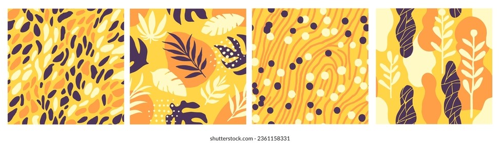 Purple Seamless Elegant Garden Style Set. Hippie Repeated Decoration Beauty Artwork, Seamless Texture. Orange Endless Doodle Spring Paint Backdrop. 