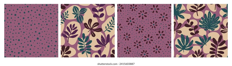 Purple Seamless Elegant Jungle Artwork Art. Dark Endless Creative Foliage Lines, Seamless Set. Gradient Repeated Nature Bloom Element Background. 